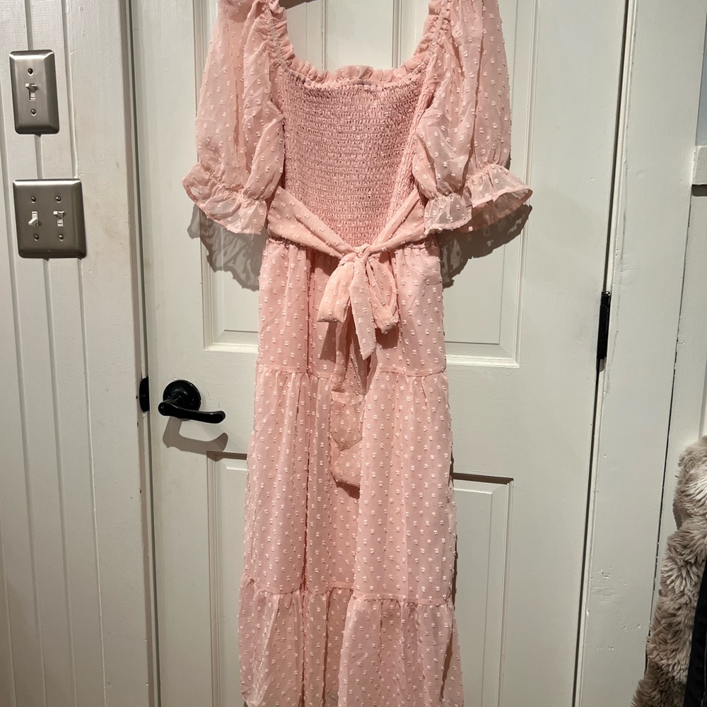 Pink chiffon midi Dress with Puff Sleeves